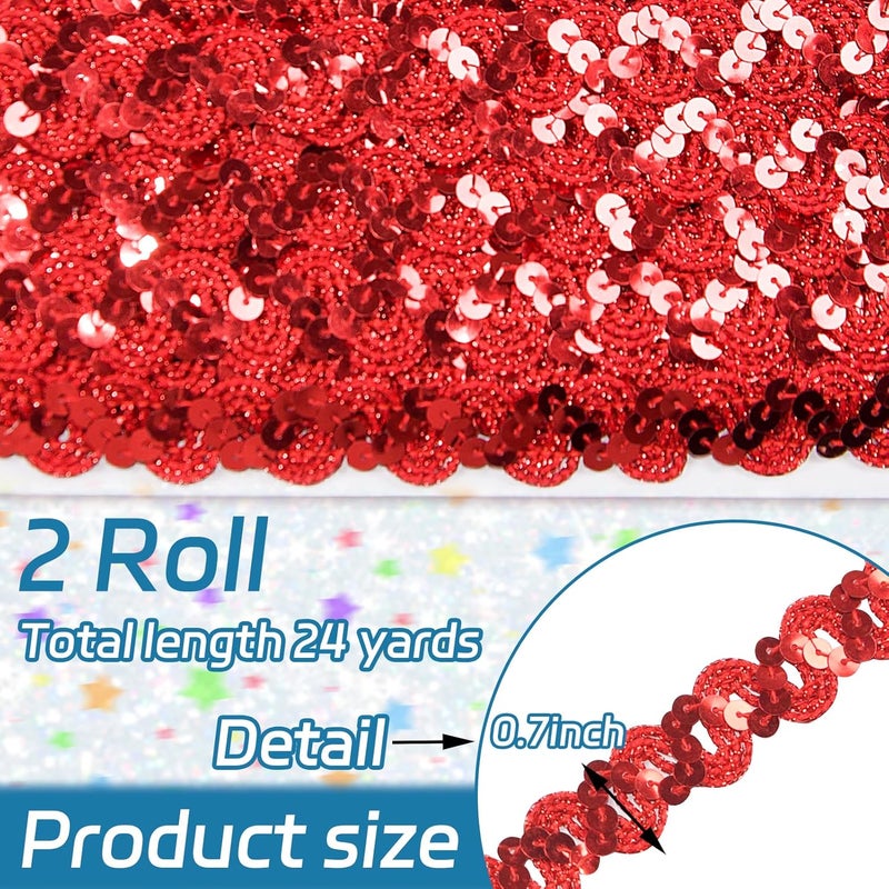 TACOLO Flat Sequin Ribbon Trim 24 Yards, 2 Rolls Sequin Trim by The Yard for Wedding Dress, Embellishments, Headband, Fringe (Red) - Image 2